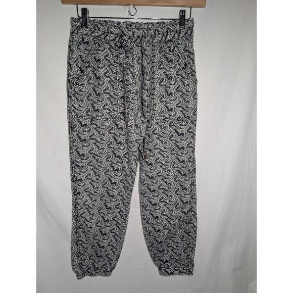 Anthropologie Womens High Waist Linen Joggers Pants S Printed Black Grey Elastic - Picture 1 of 7